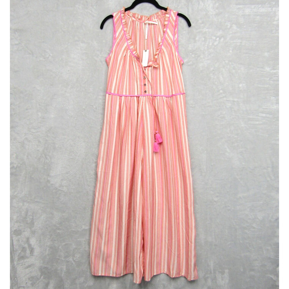 Anthropologie Visayas Striped Jumpsuit Orange Pink Size XS Sleeveless Tassel NWT - Picture 1 of 15